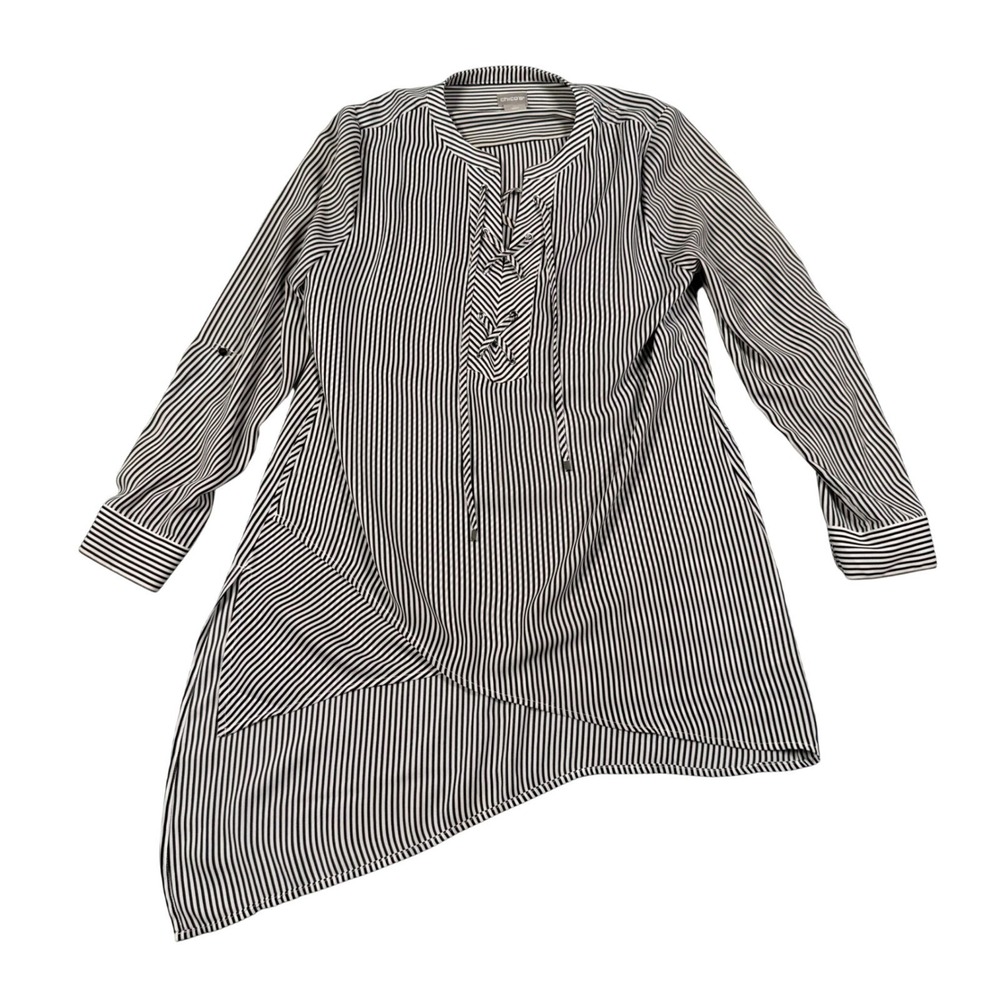 Chicos Black White Striped Lace Up Asymmetrical Sharkbite Tunic Top Size 0 4/6